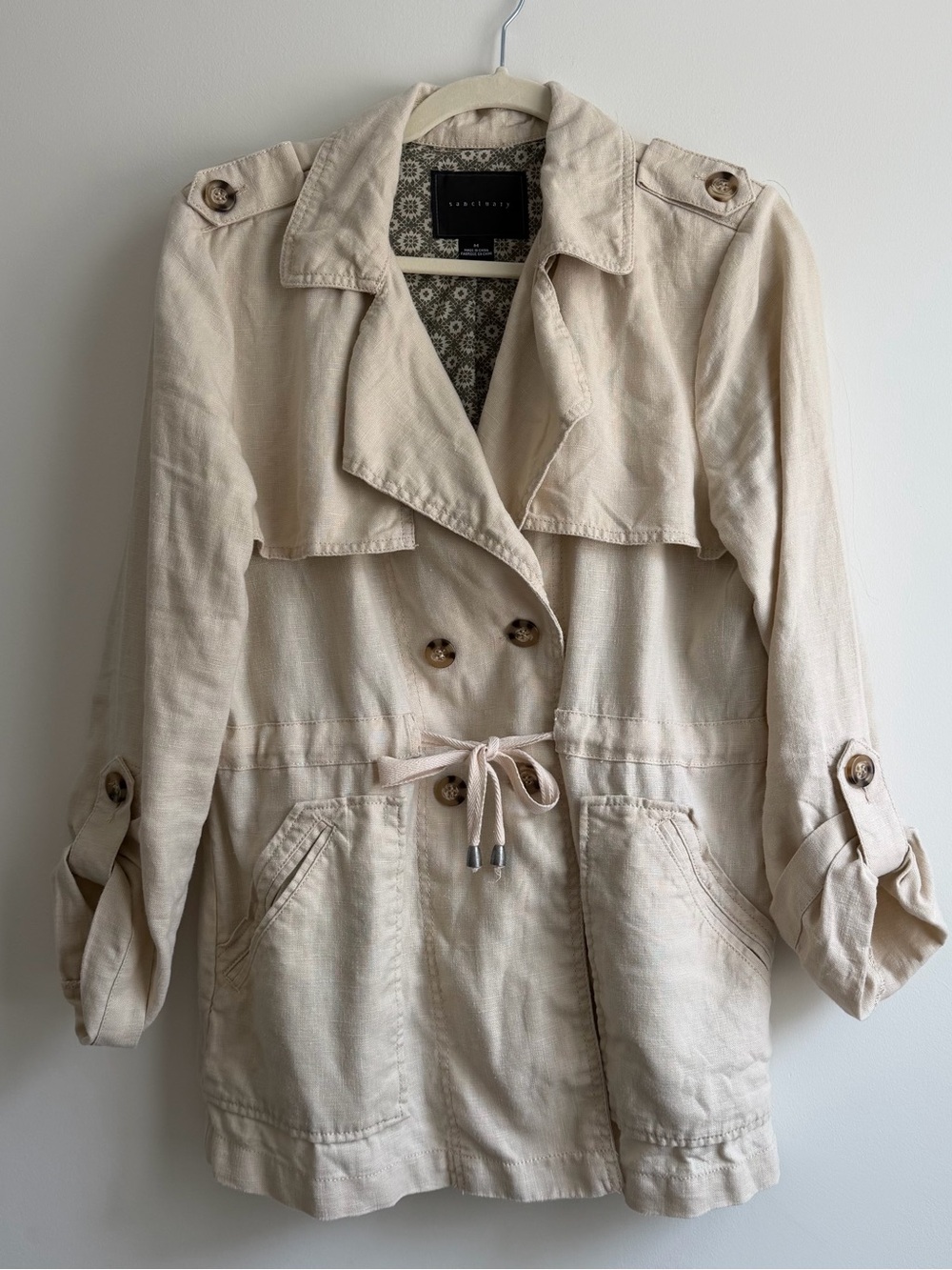 Sanctuary Neutral Drawstring 100% LinenTrench Coat - Cream